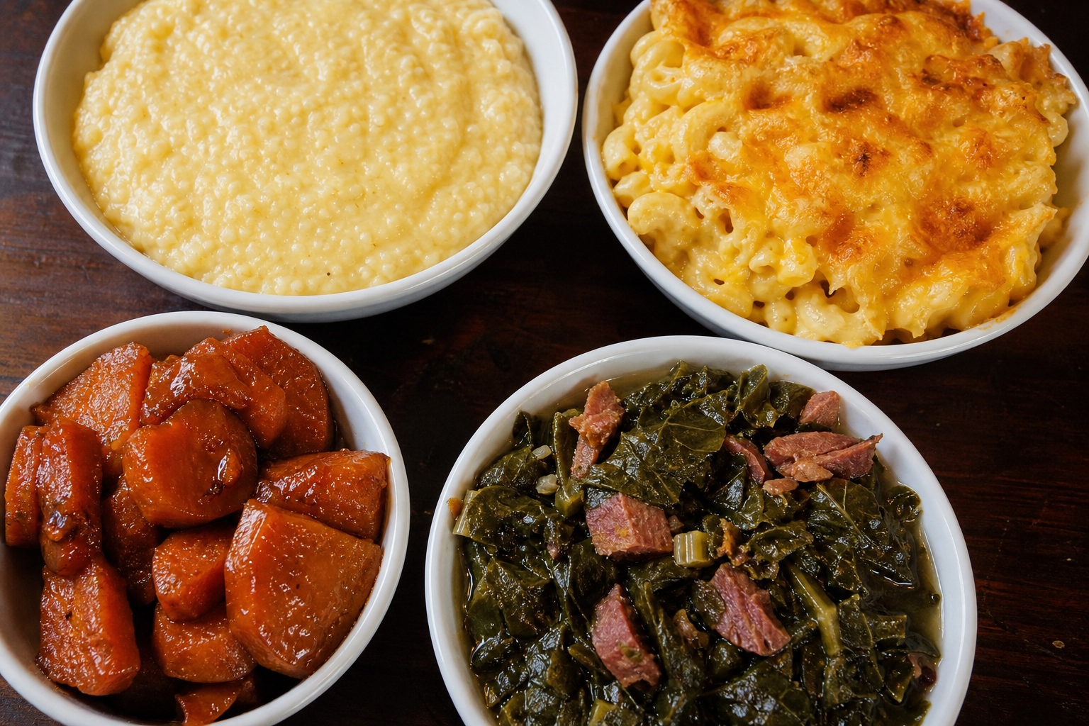 Cheese grits, mac and cheese, candied yams, collard greens