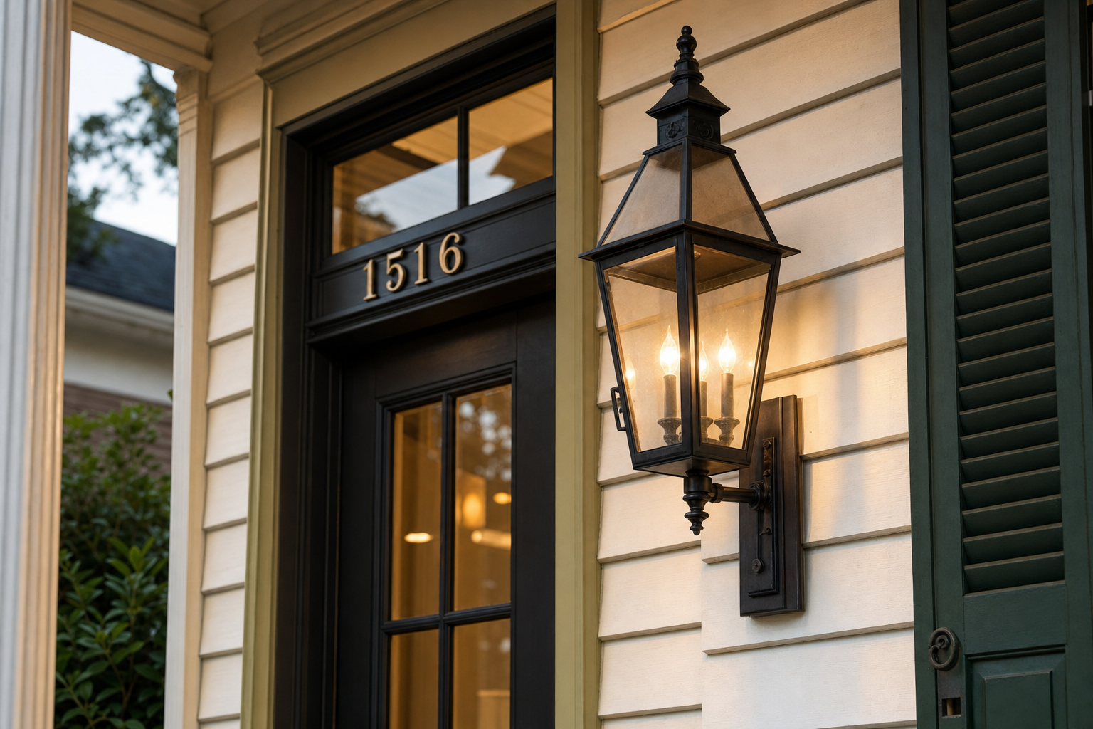 Brass house numbers and gas lantern at 1516