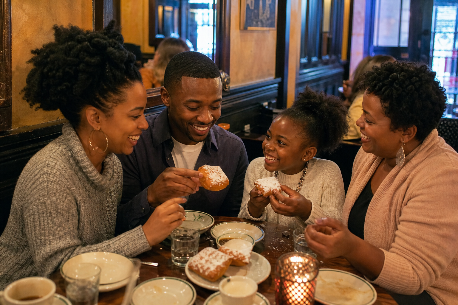 Happy guests sharing beignets at the table