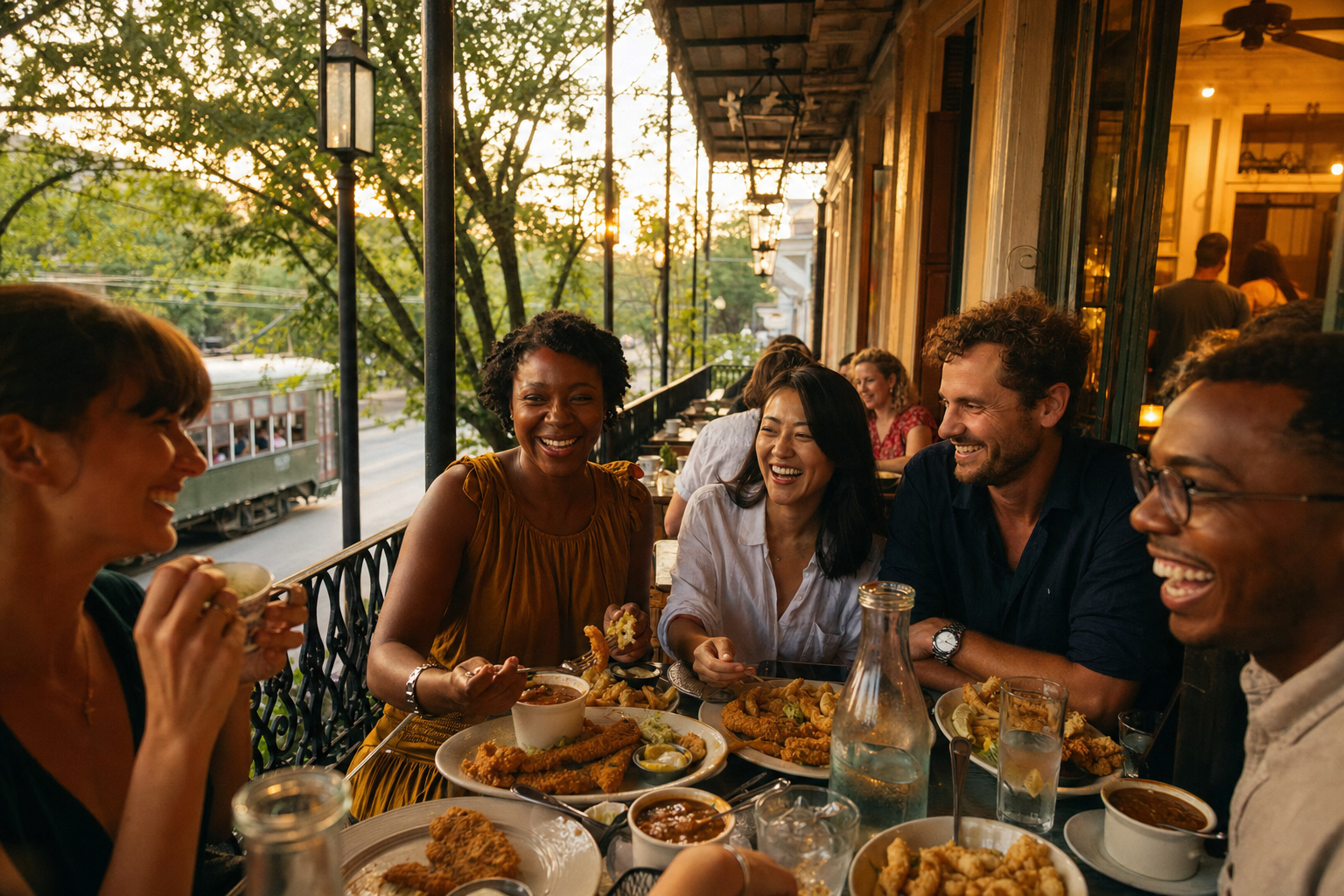 Friends sharing gumbo and catfish on the Carrollton porch