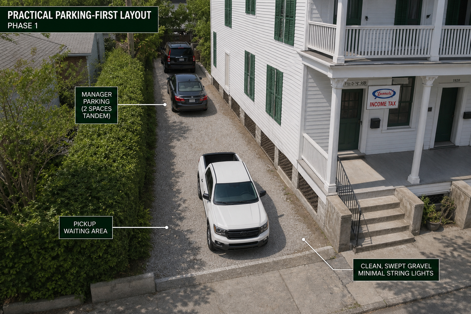 Side drive parking layout