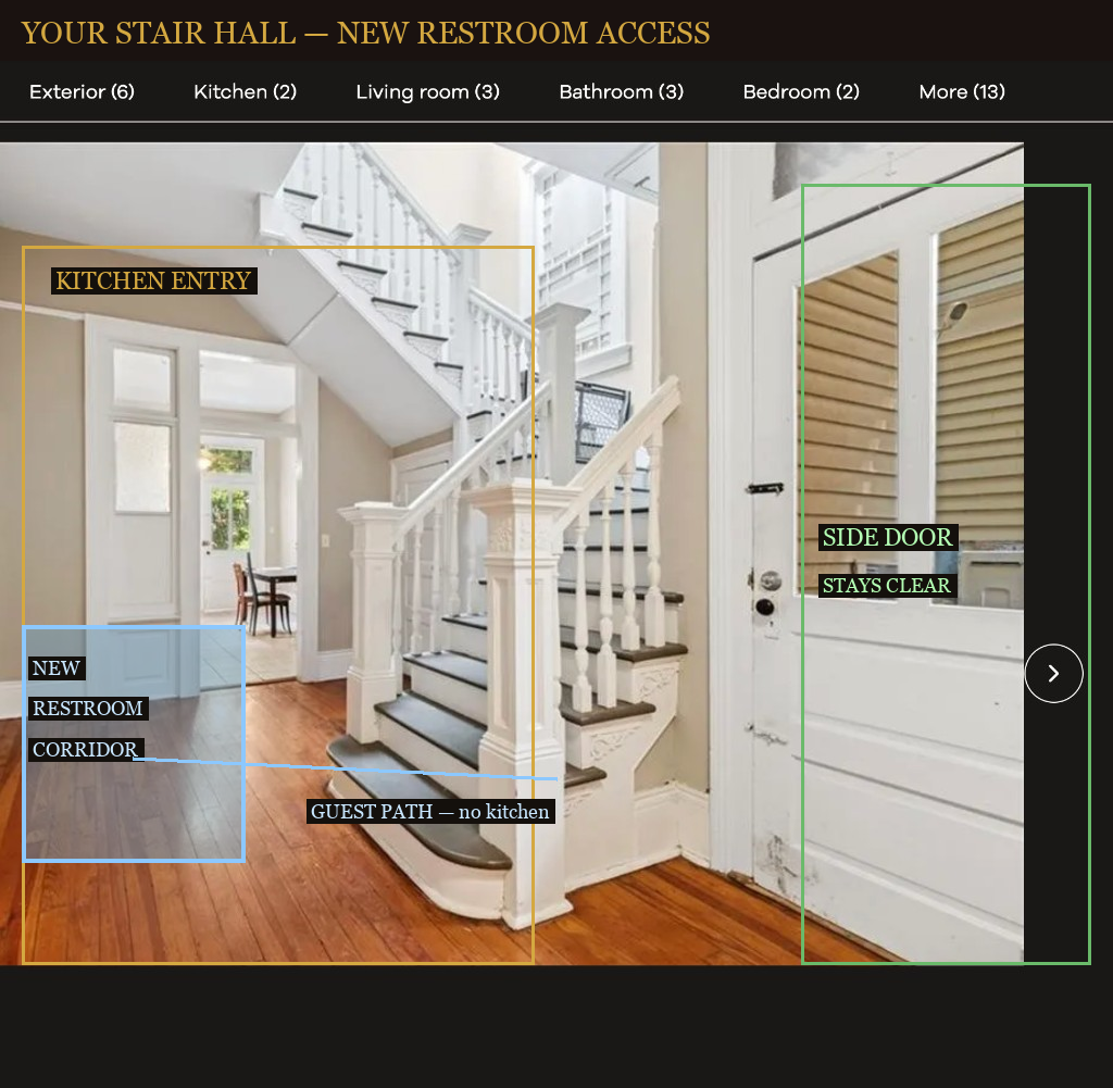 Stair hall with D-3 guest path and bathroom corridor marked on real photo