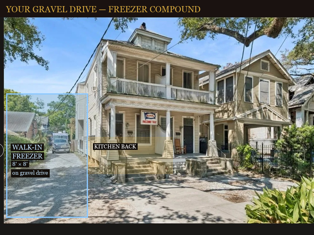 Walk-in freezer on gravel drive