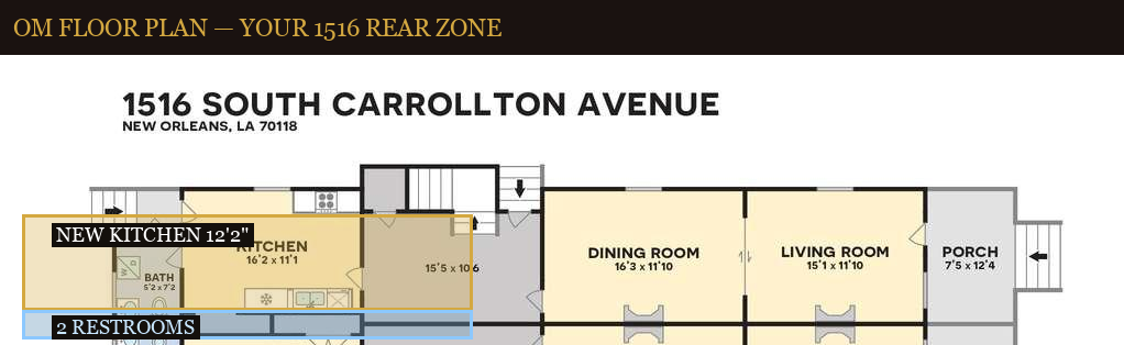 OM floor plan with kitchen shrink and two restrooms on real dimensions